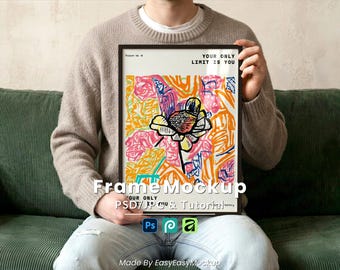 5x7 Frame Mockup PSD JPG, Man Holding Black Frame on Green Sofa, Vertical Lifestyle Portrait Wall Art Display Template, Digital Download