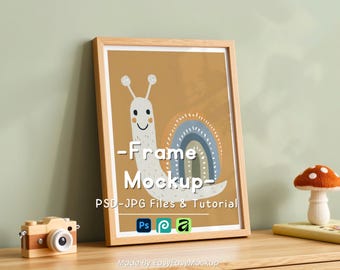 5x7 Kids Room Frame Mockup, Oak Wood and Sage Green Wall, Montessori Style, Vertical Nursery Mockup, Organic Kids Decor, PSD Smart Object