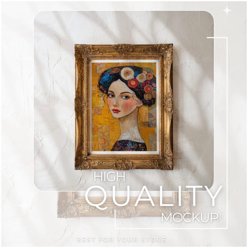 May include: A framed painting of a woman with a floral crown. The painting is in a gold frame with ornate details. The woman is wearing a blue and black dress and has a yellow background.