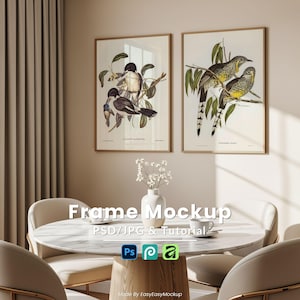 2 Frame Mockup PSD 2:3 Ratio, Marble Dining Table Cream Chairs Flowers, Scandi Elegant Poster Display, Lifestyle Mockup JPG Digital Download