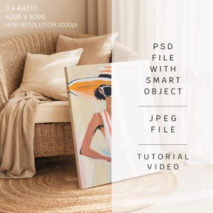 May include: An abstract painting of a person in a hat and sunglasses, with orange and white stripes. The painting is propped against a wicker chair with a beige throw and pillows. The image also includes text: PSD FILE WITH SMART OBJECT, JPEG FILE, TUTORIAL VIDEO.