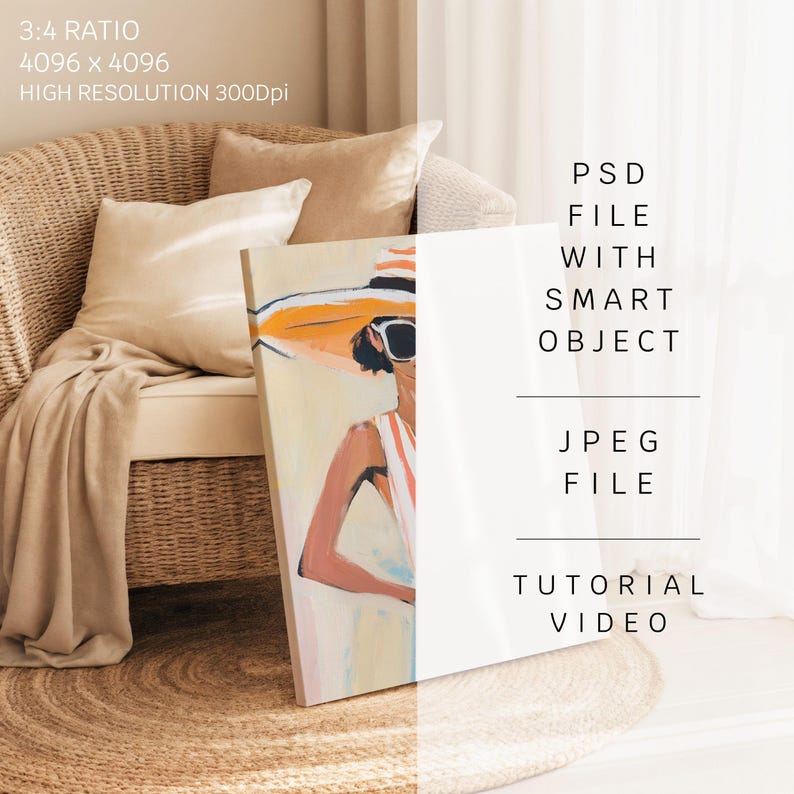 May include: An abstract painting of a person in a hat and sunglasses, with orange and white stripes. The painting is propped against a wicker chair with a beige throw and pillows. The image also includes text: PSD FILE WITH SMART OBJECT, JPEG FILE, TUTORIAL VIDEO.