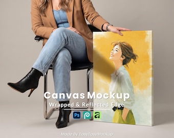 Vertical Canvas Mockup 2:3 Ratio PSD JPG, Woman Holding Canvas Lifestyle Scene, Wrapped & Reflected Edge Wall Art Template, Digital Download