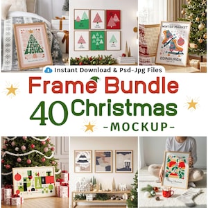 Puede incluir: Una colección de impresiones artísticas enmarcadas con temática navideña. Las impresiones presentan diseños festivos como árboles de Navidad, adornos y escenas invernales. La imagen incluye el texto "Frame Bundle 40 Christmas Mockup".