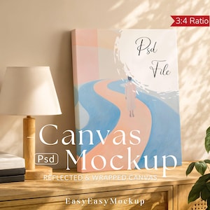 Puede incluir: Maqueta de lienzo con una proporción de 3:4. El lienzo presenta un diseño abstracto con un camino y una figura. Las palabras "Psd File" están escritas en el lienzo. También son visibles las palabras "Canvas Mockup" y "Reflected & Wrapped Canvas".