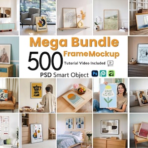 500フレームモックアップバンドルPSD、ウォールアートディスプレイコレクション、ギャラリーウォールモックアップセット、ライフスタイルポスターフレーム、PSDファイルスマートオブジェクトレイヤー