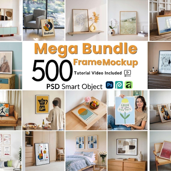 500 Frame Mockup Bundle PSD, Wall Art Display Collection, Gallery Wall Mockups Set, Lifestyle Poster Frames, PSD File Smart Object Layer