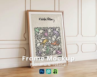 5x7 Wood Frame Mockup PSD, Elegant Leaning Panel Wall Art Display, Classic White Room Poster Scene, Instant Download, Smart Object Layer
