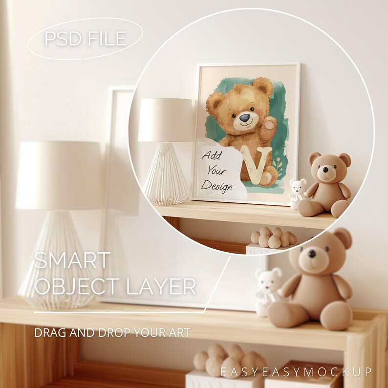 May include: A white shelf with a white lamp, a framed watercolor painting of a brown bear with a green background, and two brown teddy bears. The painting has the text "Add Your Design" on a white paper.