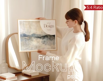 Woman Holding Horizontal Frame Mockup | PSD Frame Mockup with Person | Lifestyle Frame PSD | 5x4 Ratio Wall Art Mockup