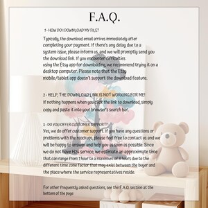 May include: A text-based FAQ section with information about downloading digital files, customer support, and frequently asked questions. The text is on a white background with a light pink and green floral design behind it. A plush brown teddy bear is in the bottom right corner of the image.