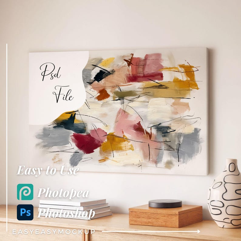 Puede incluir: Lienzo de arte abstracto con una mezcla de colores que incluyen rosa, amarillo, rojo y gris. La obra de arte se exhibe sobre un mueble de madera con un jarr&oacute;n decorativo, una caja de madera y una pila de libros. El texto "Psd File" es visible.
