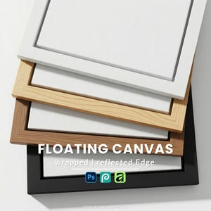 Floating Canvas Mockup Close-up PSD, Set Color Options, PSD Smart Object 4 Frame Stack, Black White Wood Frame Display, Digital Download