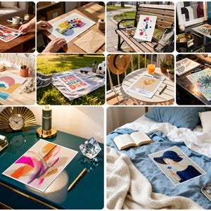 May include: Collection of art prints featuring various designs. Includes a print with a red and white design, a floral still life, an abstract composition, and a print with a woman in a blue hat. The prints are displayed in different settings.