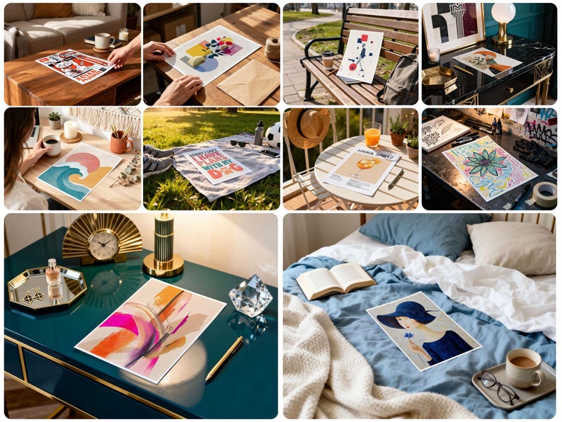 May include: Collection of art prints featuring various designs. Includes a print with a red and white design, a floral still life, an abstract composition, and a print with a woman in a blue hat. The prints are displayed in different settings.