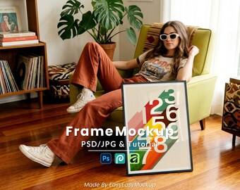 Frame Mockup With Woman PSD JPG, Retro Girl Living Room Poster Display, Black Frame on Floor Mid Century Lifestyle Wall Art Template