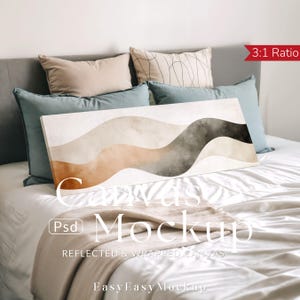 Panoramabild av canvas på säng - Neutrala toner 3:1-förhållande - PSD-mall för horisontell väggkonst - Minimalistisk sovrumsscen