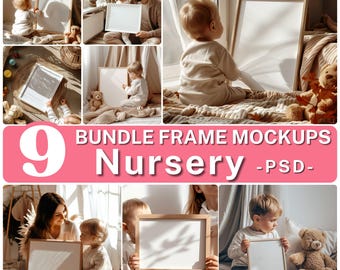 May include: A set of nine nursery frame mockups featuring various scenes with children and blank frames. The frames are in different sizes and styles, and the scenes are set in a variety of locations, including a bedroom, a living room, and a playroom. The mockups are perfect for showcasing your artwork, photography, or other designs.