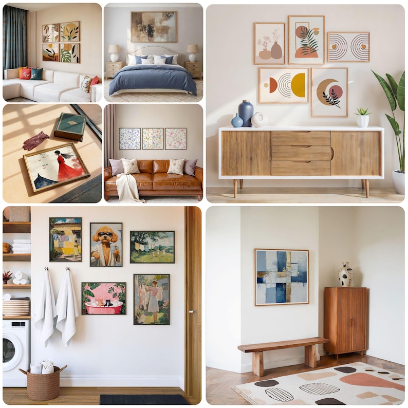 May include: A collection of framed artwork featuring a variety of styles and colours, including abstract, geometric, and figurative designs. The artwork is displayed on a white wall in a contemporary home setting.
