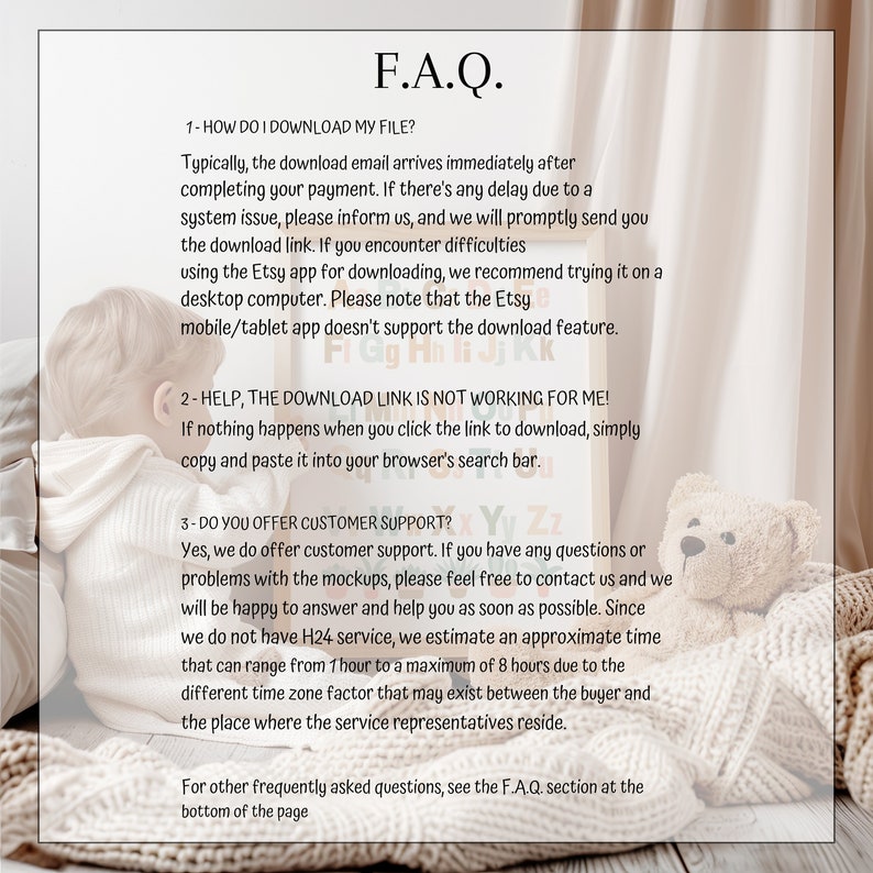 Puede incluir: Un cartel enmarcado en blanco con fondo marr&oacute;n y texto negro. El cartel tiene un t&iacute;tulo que dice "F.A.Q." y proporciona respuestas a preguntas frecuentes sobre la descarga de archivos digitales, la atenci&oacute;n al cliente y la aplicaci&oacute;n Etsy.