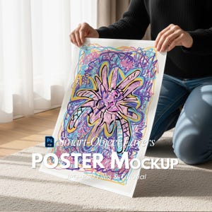 May include: A poster mockup with a vibrant abstract artwork in pink, yellow, blue, and purple. The poster is held by a person. The text "Smart-Object Layers" and "POSTER MOCKUP" are displayed on the poster.