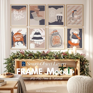Mockup för julgalleriram – 8x 3:4-ramar – Festlig väggscen med tallgirlang – PSD JPG för väggkonst
