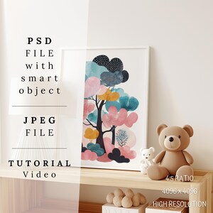 May include: A framed print of a colorful abstract tree with pink, blue, and yellow hues. The print is on a wooden shelf with a brown teddy bear and a white teddy bear. The text "4:5 RATIO 4096 x 4096 HIGH RESOLUTION" is on the shelf.