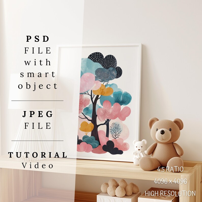 May include: A framed print of a colorful abstract tree with pink, blue, and yellow hues. The print is on a wooden shelf with a brown teddy bear and a white teddy bear. The text "4:5 RATIO 4096 x 4096 HIGH RESOLUTION" is on the shelf.