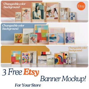 May include: Three free Etsy banner mockups with changeable backgrounds. The mockups feature various framed artwork with abstract, geometric, and figurative designs. The mockups are ideal for showcasing artwork, prints, and other digital products on Etsy.