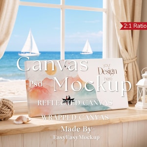 Könnte beinhalten: Ein Leinwand-Mockup mit dem Text "Canvas Mockup" und "Your Design Here". Die Leinwand zeigt eine Aquarelllandschaft mit einem Boot und zwei Figuren. Der Hintergrund zeigt ein Fenster mit Segelbooten auf dem Meer.