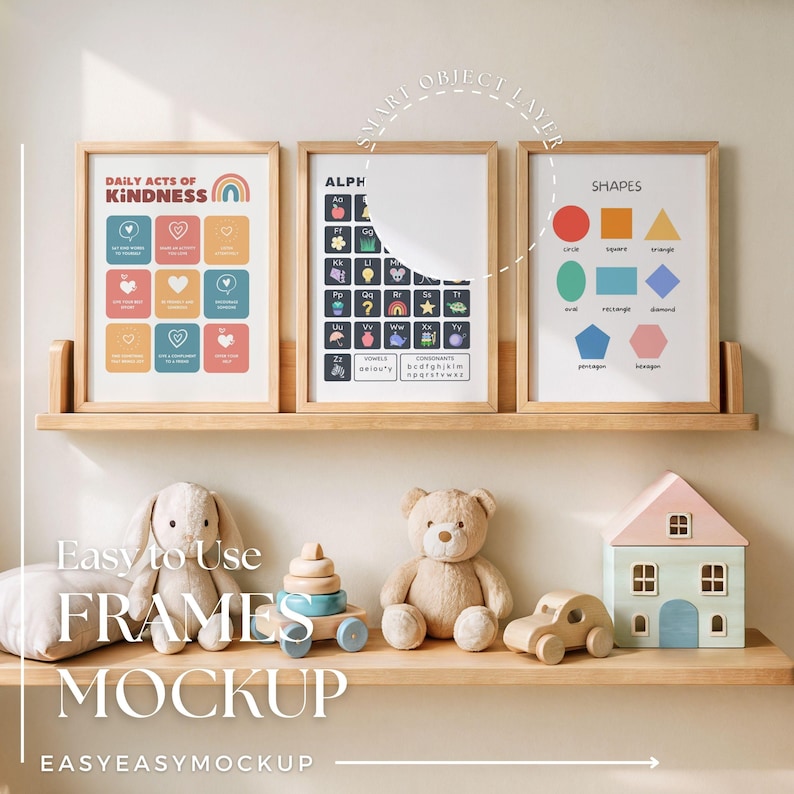 May include: Three wooden picture frames with colorful educational posters for children. The posters include an alphabet chart, a shapes chart, and a chart of daily acts of kindness. The frames are on a shelf with a toy house, a stuffed bear, and a toy car.