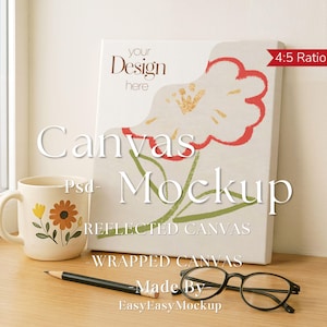 Pode incluir: Uma maquete de tela com um design floral, uma caneca de café com um padrão floral, um lápis e óculos. A tela tem o texto "your Design here" e "4:5 Ratio". A caneca tem um design floral amarelo e laranja.