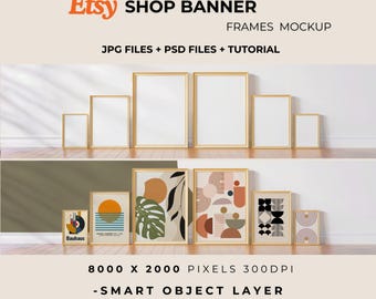 Shop Banner Mockup - 6 Frame PSD Template, Vintage Wood & Natural Light Wall Art Mockup for Etsy Shops, Print Showcase, PSD Files