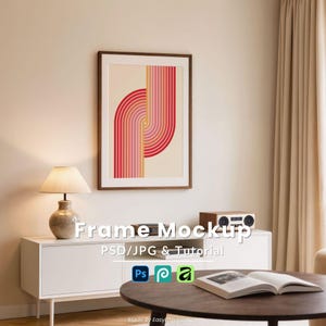 2x3 Wood Frame Mockup PSD, Mid-Century Dresser Lamp Radio Display, Vintage Books Table Wall Art Poster, Easy Drag & Drop Instant Download