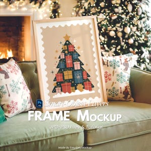 Christmas Frame Mockup 5:7 Ratio — Holiday Scene with Fireplace, Tree, Cozy Sofa and Pillows, PSD With Smart Object Layer and JPG File