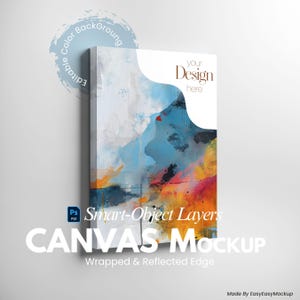 Peut inclure: Maquette de toile avec un design de peinture abstraite. L'œuvre présente un mélange de couleurs bleu, blanc, orange et jaune. Le texte "your Design here" est visible sur la toile. Les mots "CANVAS MOCKUP" sont affichés en bas.