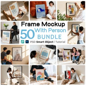 Könnte beinhalten: Eine Collage von gerahmten Kunstdrucken mit verschiedenen abstrakten Designs, darunter geometrische Formen, Landschaften und Gesichter. Das Bild enthält auch den Text "Frame Mockup With Person Bundle 50 PSD Smart Object | Tutorial".