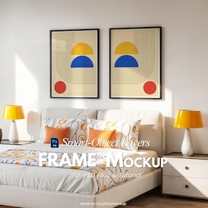 May include: Bedroom scene featuring a bed with patterned bedding and pillows, flanked by bedside tables with yellow lamps. Two framed abstract art pieces hang above the bed. The text "FRAME MOCKUP" is visible.
