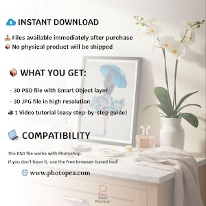 May include: A digital product mockup image with text that reads "INSTANT DOWNLOAD" and "WHAT YOU GET:" including 30 PSD files, 30 JPG files, and a video tutorial. The image also shows a framed artwork and a vase of white orchids.