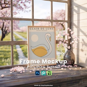 5x7 Frame Mockup PSD, Sakura Window Wall Art Display, Japanese Garden Poster, Spring Blossom Living Room, Smart Object, Digital Download