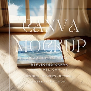 Peut inclure: Maquette de toile avec le mot "Canva" en haut et "Mockup" au milieu. La toile affiche une peinture de paysage marin. Le texte "Smart Object Layer", "Reflected Canva", "Wrapped Canvas", "JPG Files + PSD Files + Tutorial" et "EasyEasyMockup" sont également visibles.
