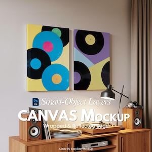 May include: Two canvas art pieces with vinyl record designs. One canvas has a yellow background with blue, black, and green records. The other has a purple and yellow background with black records. The text "CANVAS Mockup" is visible.
