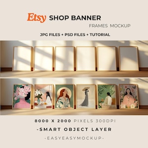 Maqueta de pancarta de tienda: plantilla PSD de 6 marcos, maqueta de arte mural de madera vintage y luz natural para tiendas de Etsy, escaparate de impresiones, archivos PSD