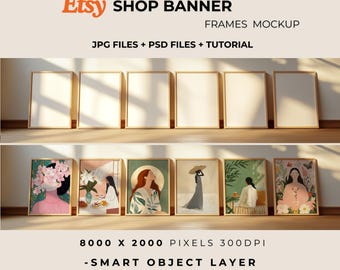 Shop Banner Mockup - 6 Frame PSD Template, Vintage Wood & Natural Light Wall Art Mockup for Etsy Shops, Print Showcase, PSD Files