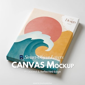 May include: Canvas mockup with a design featuring a large red sun, blue and white wave, and yellow land. The text "CANVAS MOCKUP" is displayed in large white letters. The words "Wrapped & Reflected Edge" are also visible.