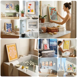 May include: A collage of images featuring framed botanical art prints in various bathrooms. The art includes floral and abstract designs in vibrant colors. Bathrooms feature bathtubs, towels, and decorative elements, creating a spa-like atmosphere.