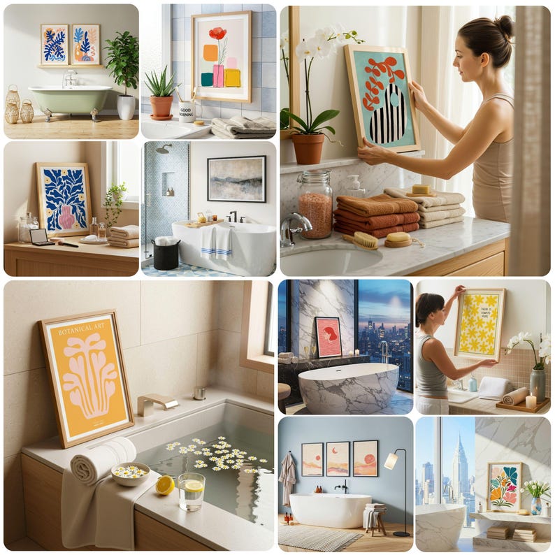 May include: A collage of images featuring framed botanical art prints in various bathrooms. The art includes floral and abstract designs in vibrant colors. Bathrooms feature bathtubs, towels, and decorative elements, creating a spa-like atmosphere.