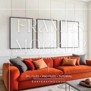 May include: Three black picture frames with white mats hanging on a white wall above an orange couch with pillows. The text "FRAMES MOCKUP" is superimposed on the image.