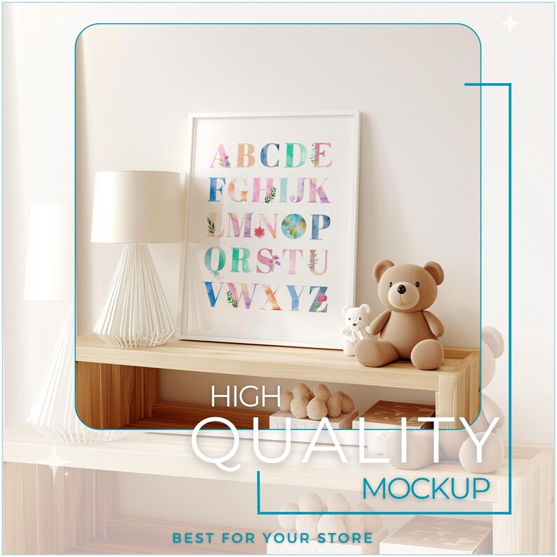 May include: A white framed print with a colorful alphabet design, a white lamp with a white wire shade, and two teddy bears on a wooden shelf. The text on the print reads "ABCDE FGH IJK LM NOP QRSTU VWXYZ".