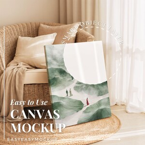 May include: A canvas mockup featuring a serene landscape with figures in the distance. The artwork is predominantly green and white, with a large, torn-paper effect. Text on the canvas reads "Easy to Use CANVAS MOCKUP" and "EASYEASYMOCKUP". The canvas is displayed on a woven rug.